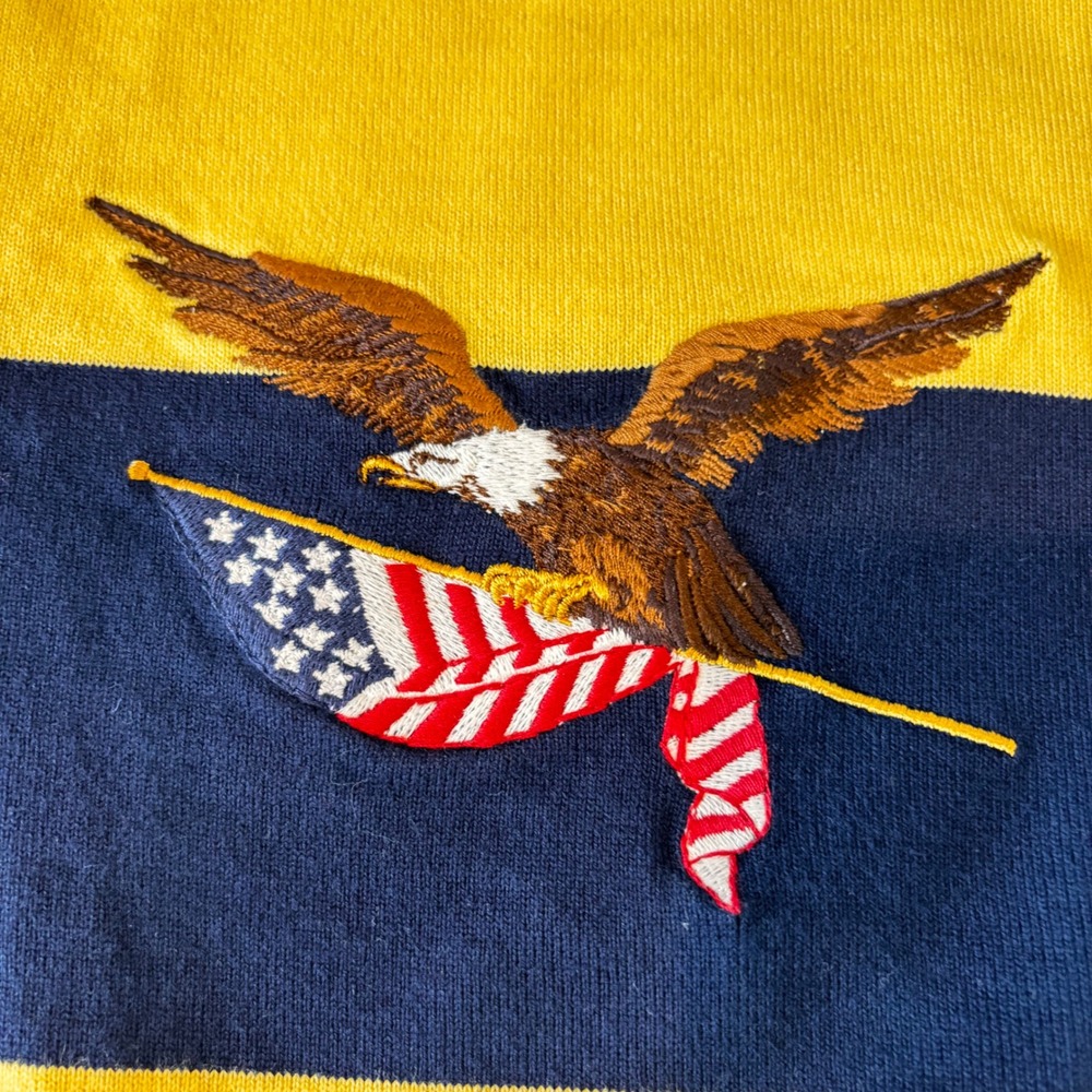American Living Mens XL Rugby Shirt Cotton Navy Yellow Striped Eagle Flag NWT - Picture 3 of 9